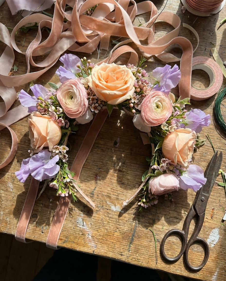 Before - Handcrafted floral crown on workbench with ribbons